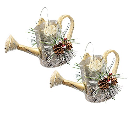 Holiday Lane Set of 2 Mini Garden Watering Can Christmas Ornaments with Holly & Pine Accents