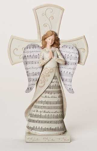 Pack of 2 Joy to the World Angel Cross Christmas Figures with Sheet Music Design