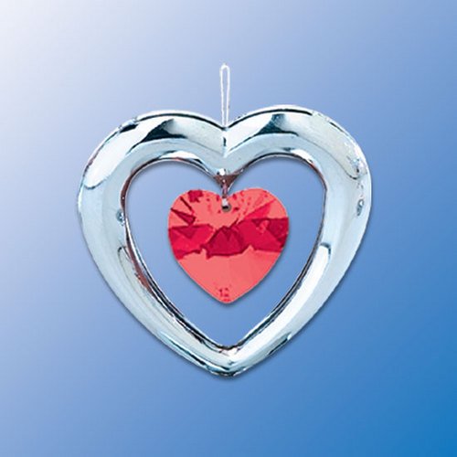 Chrome Plated Heart Hanging Sun Catcher or Ornament….. With Red Color Swarovski Austrian Crystal