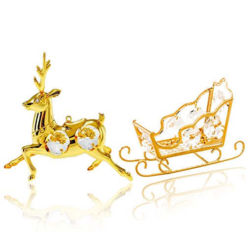 24k Gold Plated Reindeer & Sleigh Ornaments with Swarovski Elements by Crystal Temptations