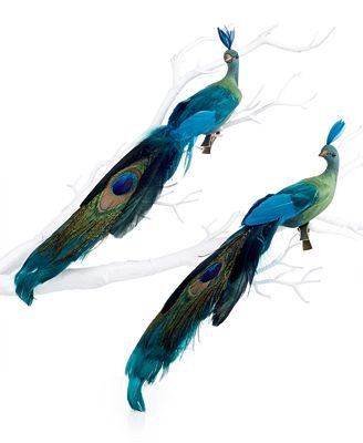 Holiday Lane Set of 2 Feathered Peacock Ornaments