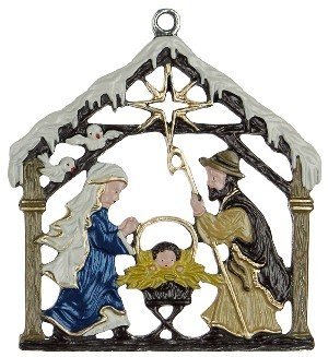 Nativity with Snow German Pewter Christmas Ornament