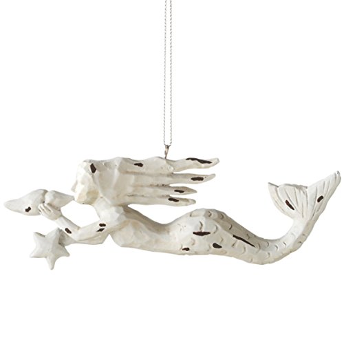 White Distressed Hand Carved Look Mermaid with Conch Shell and Sea Star Ornament