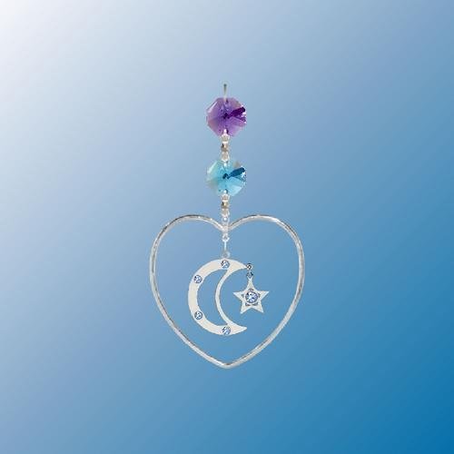 Hanging Sun Catcher or Ornament….. Moon & Star In Heart With Swarovski Austrian Crystals