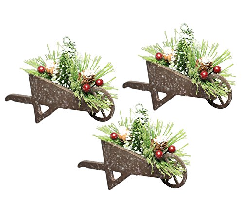 Holiday Lane Set of 3 Mini Wheelbarrow Christmas Ornaments with Holly & Pine Accents