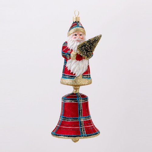 8″ David Strand Designs Glass Santa Bell Stewart Plaid Christmas Ornament