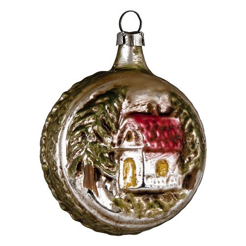Vintage mouthblown Christmas Glass ornament “Ball with House”, green by MAROLIN® Germany