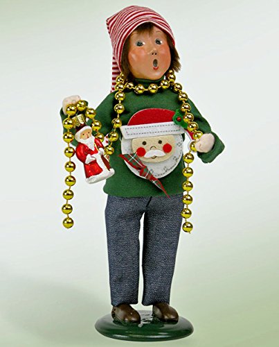Byers Choice – Christmas Sweater Boy with Glass Santa Ornament & Beaded Garland
