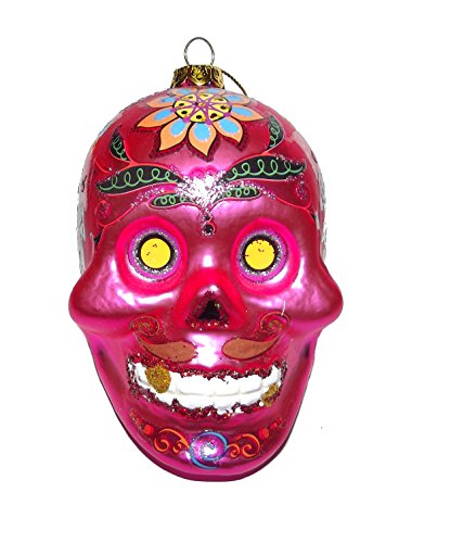 DAY OF THE DEAD PINK GLITTER EMBELLISHED SKULL ORNAMENT