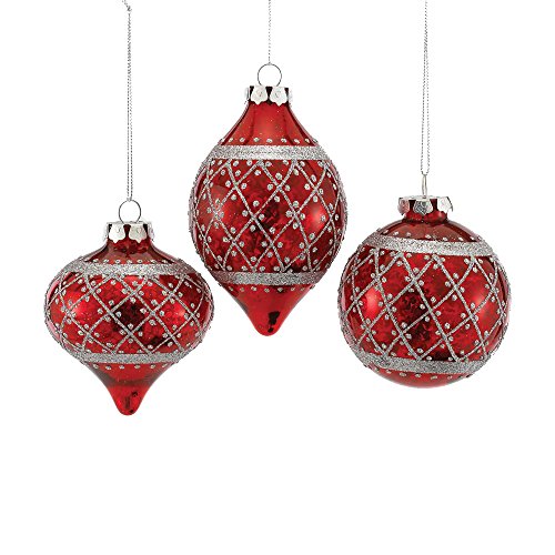 Kurt Adler 80mm Glass Silver/Red Ball Ornament Set of 3