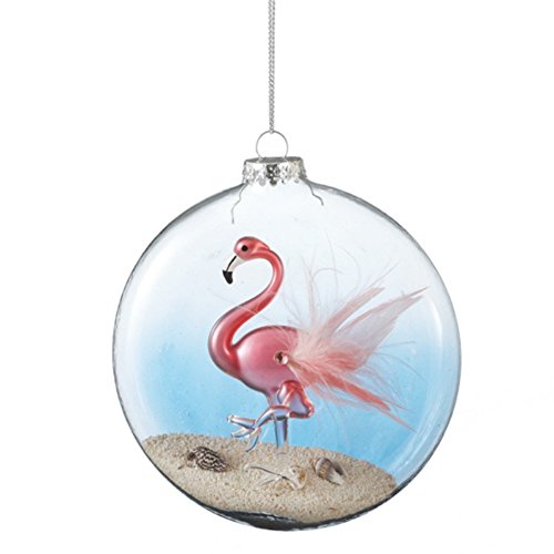 Pink Flamingo in Glass Disk Christmas Ornament