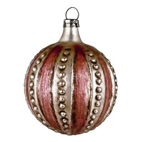Vintage mouthblown Christmas Glass ornament “Ball with Knobs” and red stripes by MAROLIN® Germany