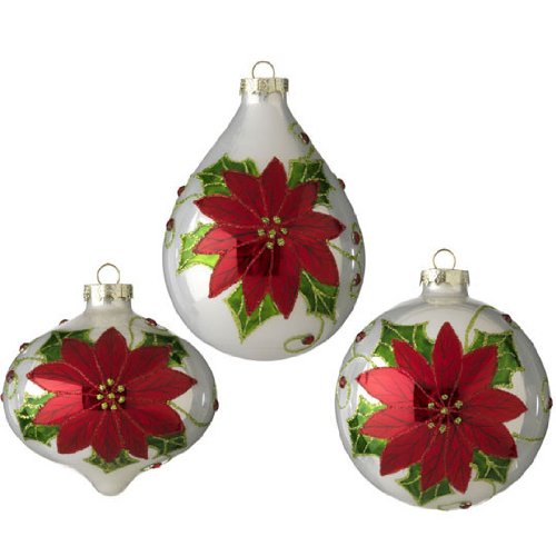 RAZ Imports – White Glass Ornaments with Red Poinsettias