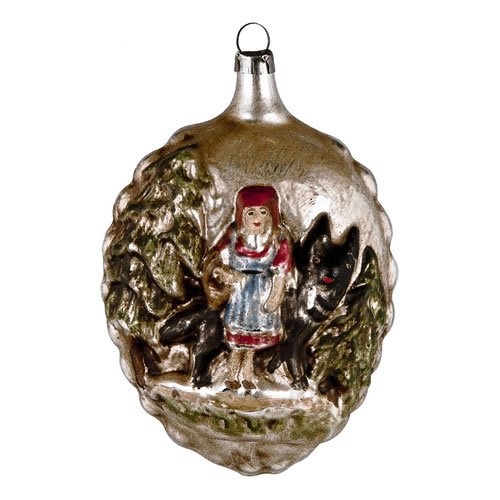 Vintage mouthblown Christmas Glass ornament “Little Red Riding Hood, Wolf and Forest House” by MAROLIN® Germany
