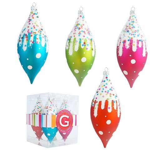 Glitterville Set of 4: Glitter, Sprinkles & Frosting Christmas Tree Ornament, 5 Inches, Teardrop / Finial Shape, Pink, Blue, Orange, Lime Green