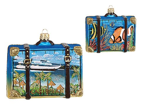 Caribbean Travel Suitcase Polish Mouth Blown Glass Christmas Ornament