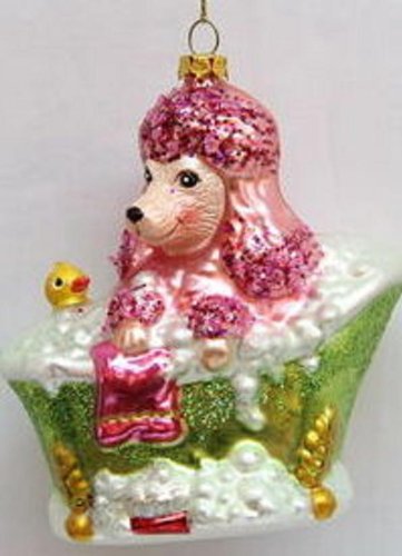 December Diamonds Glass Adorable Pink Female Poodle in the Bathtub with her Rubber Duckie….Precious Ornament!!!