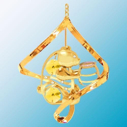24K Gold Plated Hanging Sun Catcher or Ornament….. Bear With Honey Pot With Yellow Swarovski Austrian Crystals in a Spiral