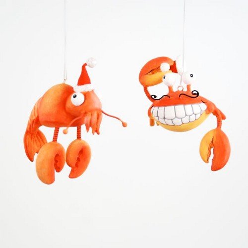 Coastal Santa Crab and Tropical Bayou Crayfish Christmas Holiday Ornament Set of 2