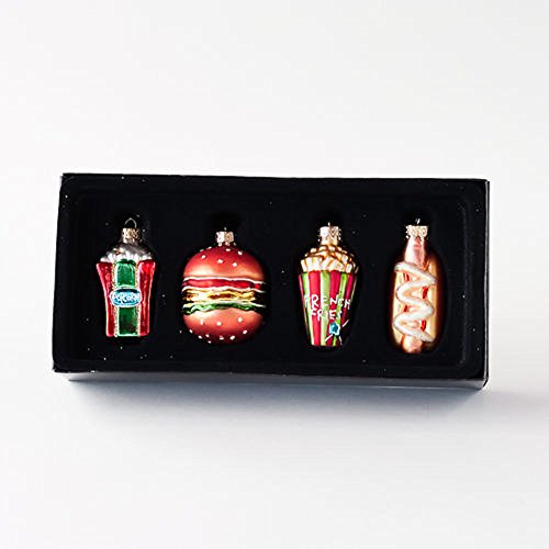 Fast Food: Hamburger, Hot Dog, French Fries & Drink Mini Glass Christmas Ornaments, Set of 4, 2 Inches