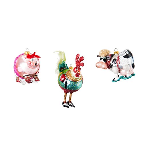 Set 3 3″ Farm Animal Pig Rooster Cow Whimsical Glass Christmas Ornament