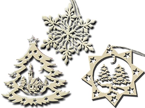 Christmas Tree Ornaments Set of 3 Wooden Hanging Decoration Craft Snowflake Xmas Tree and Star, First Christmas New Home House Toy Gift Idea, Annual Display Decor