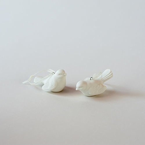 Pair 2.5″ White Porcelain Bird Ribbon Loop Christmas Ornament