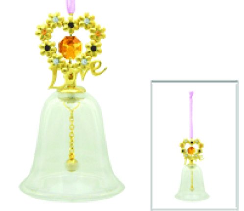 24k Gold Plated Blooming Love Glass Bell Ornament with Gold Swarovski Element Crystals