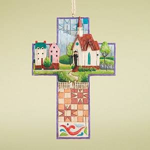 Jim Shore Town and Church Cross Hanging Ornament