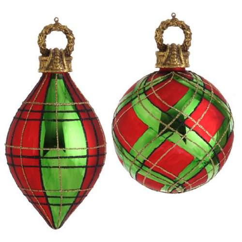 RAZ Imports – Red and Green Plaid Glass Ornaments