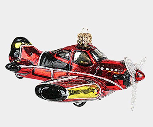 Red Airplane with Propeller Aircraft Polish Mouth Blown Glass Christmas Ornament