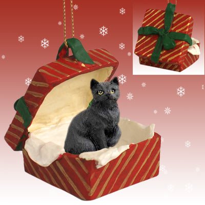 Conversation Concepts Black Shorthaired Tabby Cat Gift Box Red Ornament