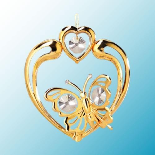24k Gold Butterfly in Heart Ornament – Clear Swarovski Crystal