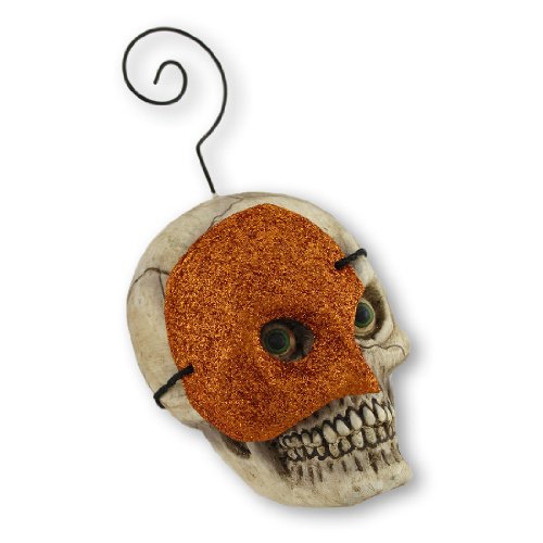 Bethany Lowe Skull with Silver Mask Ornament/Placecard Holder (Orange)