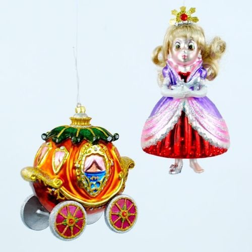 Pumpkin Coach & Golden Haired Fairy Tale Princess Christmas Ornament Set/2