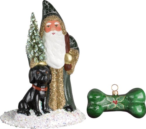 NEW INO SCHALLER RETIRED BLACK LABRADOR DOG SANTA PAPER MACHE CANDY CONTAINER, comes with glass dog bone ornament.