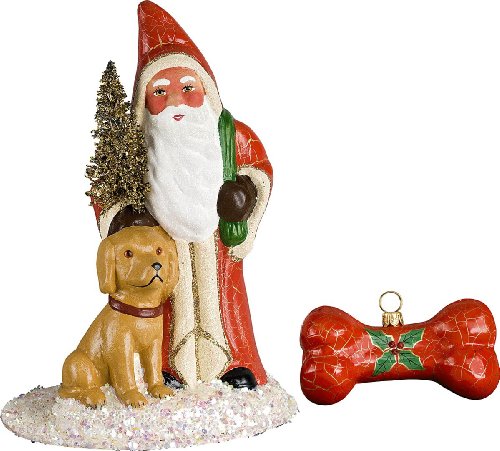 NEW INO SCHALLER RETIRED YELLOW LABRADOR DOG SANTA PAPER MACHE CANDY CONTAINER, COMES WITH GLASS DOG BONE ORNAMENT