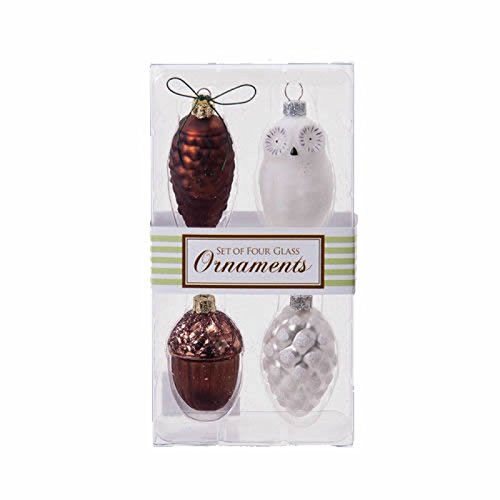 Set 4 3″ Brown White Acorn Pine Cone Owl Glass Christmas Ornament