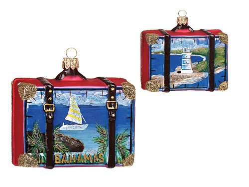 Bahamas Travel Suitcase Polish Mouth Blown Glass Christmas Ornament