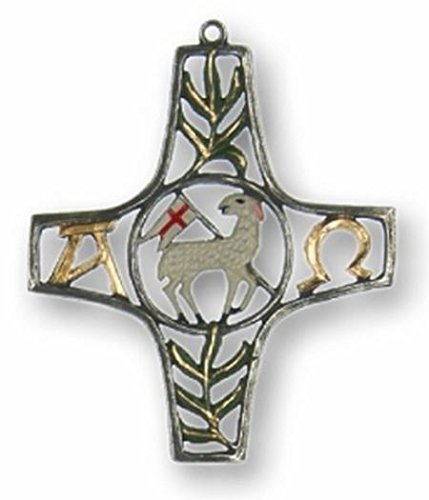Religious Cross with Small Sacrificial Lamb German Pewter Christmas Ornament