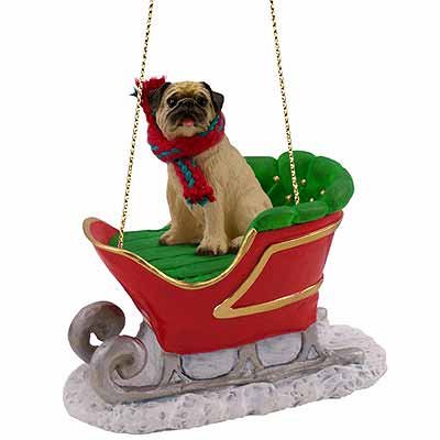 Fawn Chinese Pug Dog in Sleigh Christmas Ornament New