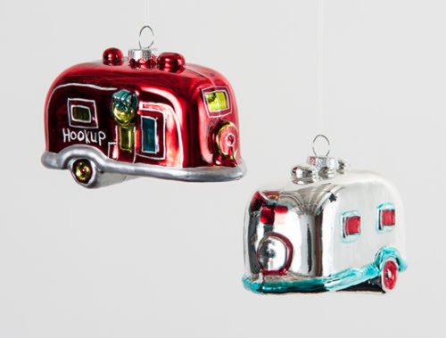 Holiday Red and Silver Camper Trailer Glass Christmas Holiday Ornaments Set of 2