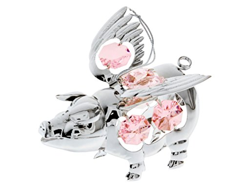 Flying Pig Silver Plated Ornament with Pink Swarovski Crystals