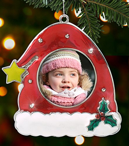 Santa Stocking Cap Christmas Ornament Photo Frame with Holly – Chrome Metal and Enamel Finish – 4 Inch