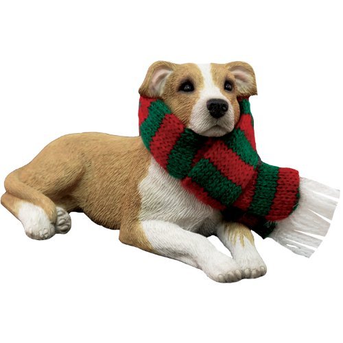Sandicast Fawn Pit Bull Terrier with Red and Green Scarf Christmas Ornament Sandicast