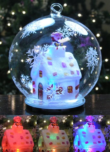 LED Christmas Glass Globe Ornament Santa Claus in Chimney of Lit Cottage House with Hand Painted Snowflakes Collectible