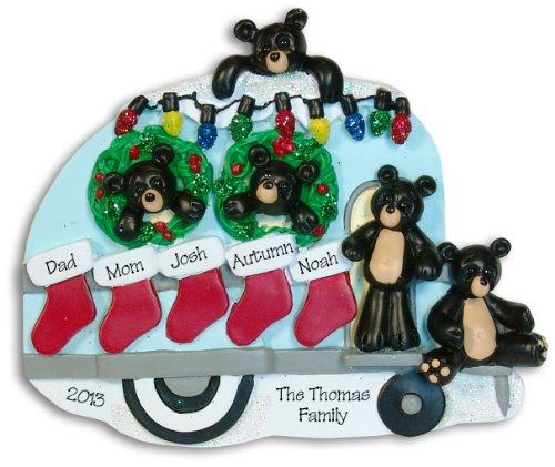 BLACK BEAR FAMILY of 5 CAMPING Hand Painted RESIN Personalized Christmas Ornament