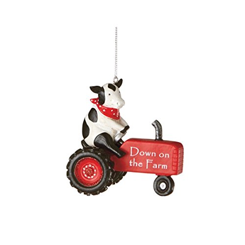 “Down on the Farm” Tractor Driving Cow Christmas Ornament 3.25″