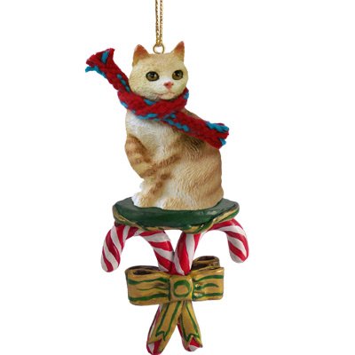 Red Tabby Cat Manx Candy Cane Christmas Ornament