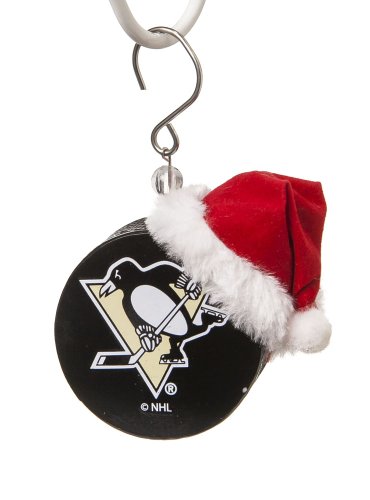 Pittsburgh Penguins Team Puck with Santa Hat Christmas Ornament